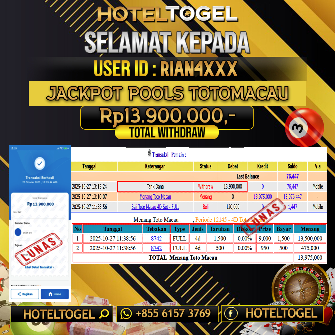 HOTELTOGEL JACKPOT POOLS TOTOMACAU Rp.13.900.000 - LUNAS USER ID : RIAN4***