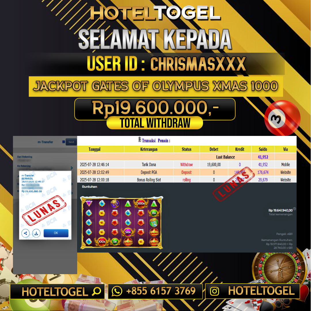 HOTELTOGEL JACKPOT SLOT GATES OF OLYMPUS XMAS 1000 Rp.19.600.000 - LUNAS USER ID : CHRISMAS**** 