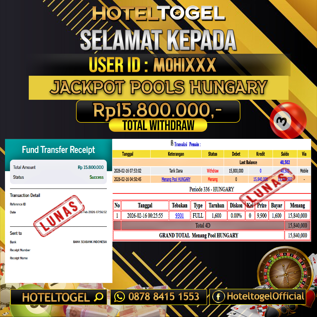 HOTELTOGEL JACKPOT TOGEL HUNGARY Rp.15.800.000 - LUNAS USER ID : MOHI***