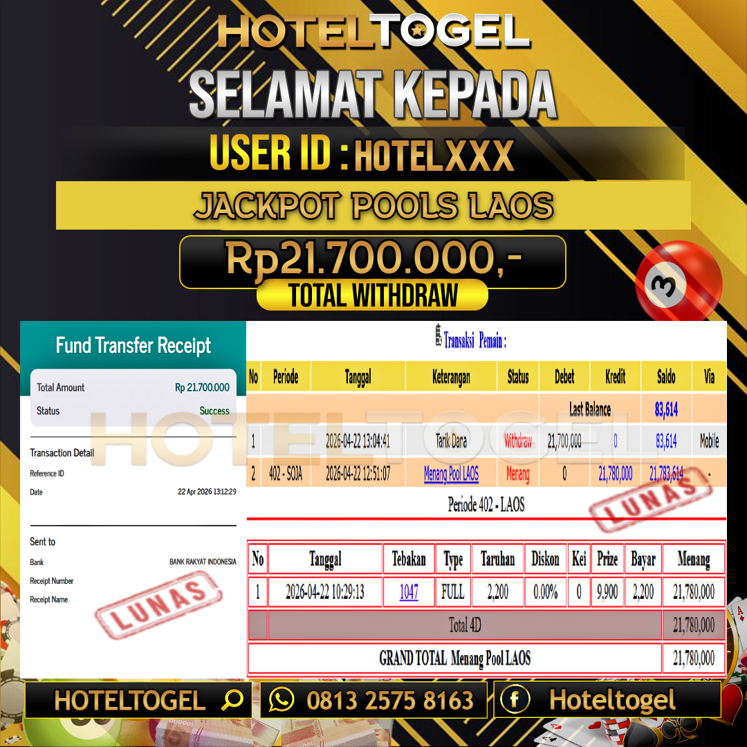 HOTELTOGEL JACKPOT TOGEL LAOS Rp.21.700.000 - LUNAS USER ID : HOTEL***