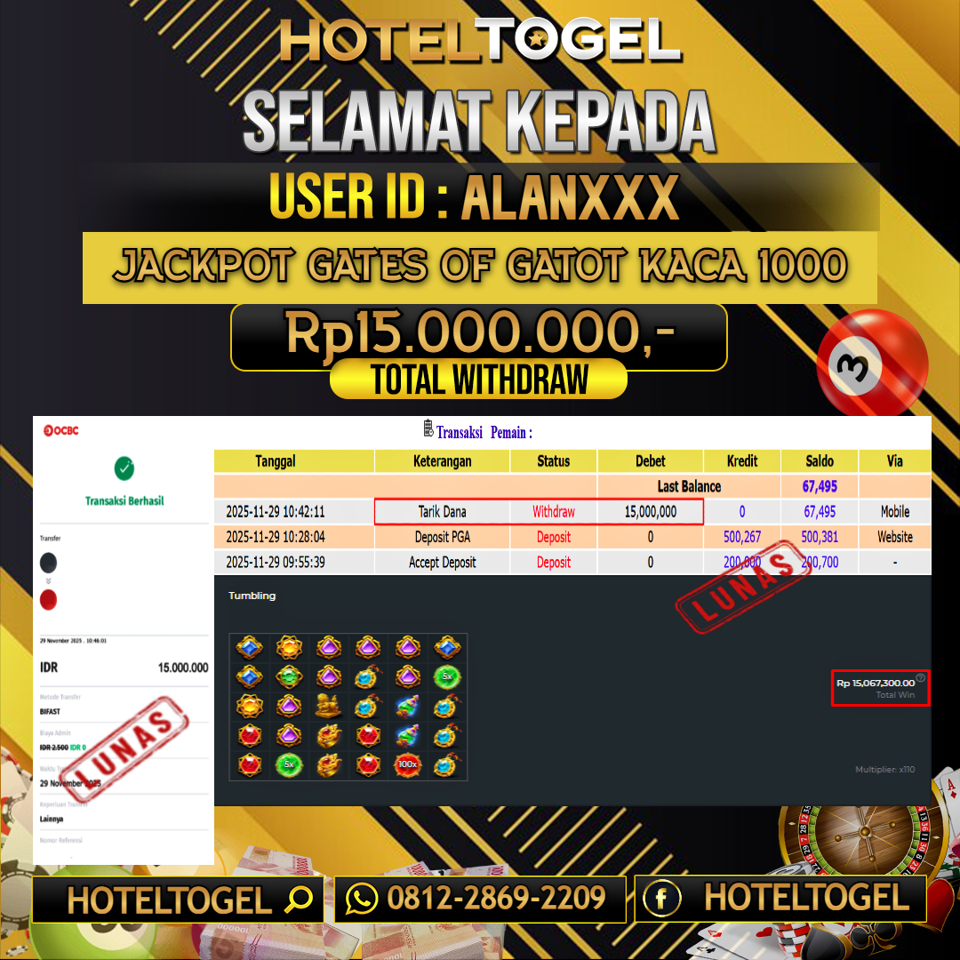 HOTELTOGEL JACKPOT SLOT GATES OF GATOT KACA 1000 Rp.15.000.000 - LUNAS USER ID : ALAN*** 