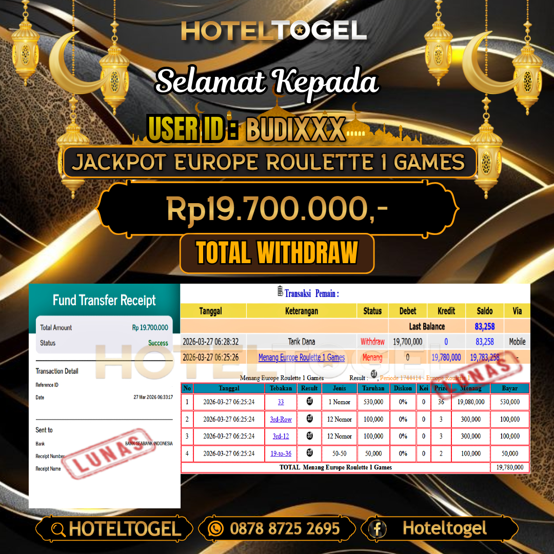 HOTELTOGEL JACKPOT SLOT CASINO EUROPE ROULETTE 1 GAMES Rp.19.700.000 - LUNAS USER ID :  BUDI***
