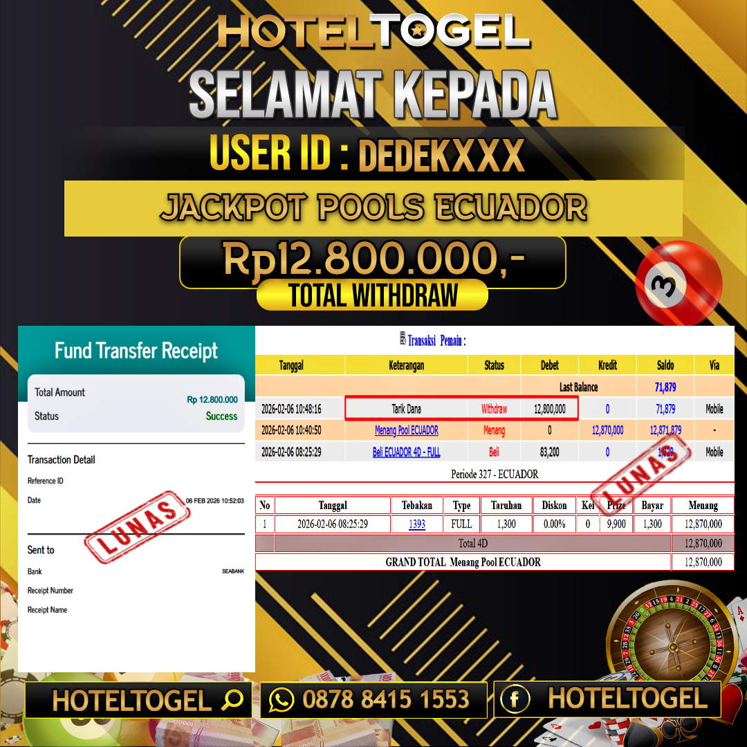 HOTELTOGEL JACKPOT TOGEL ECUADOR Rp.12.800.000 - LUNAS USER ID  : DEDEK***