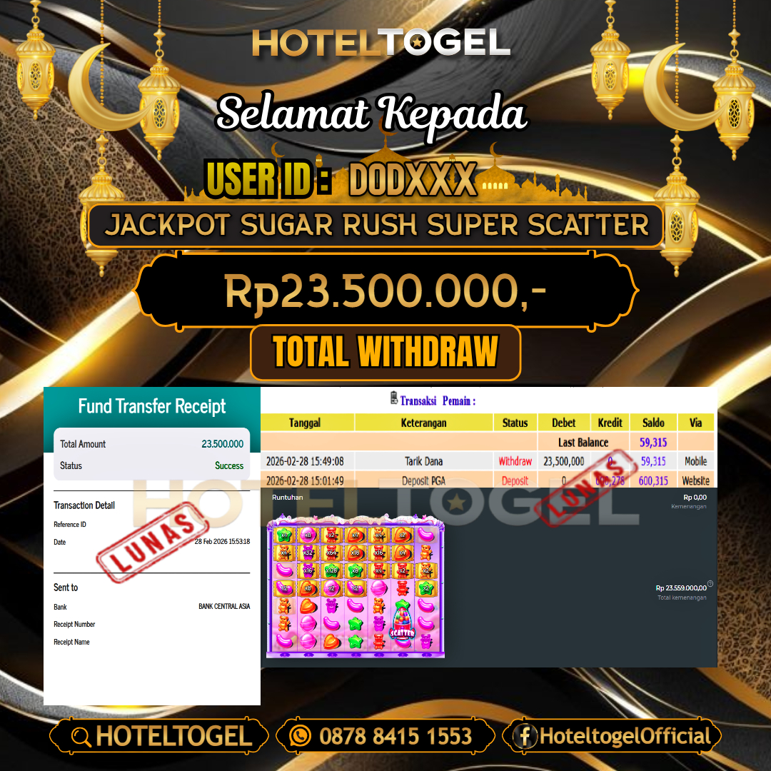 HOTELTOGEL JACKPOT SLOT SUGAR RUSH SUPER SCATTER Rp.23.500.000 - LUNAS USER ID : DOD***