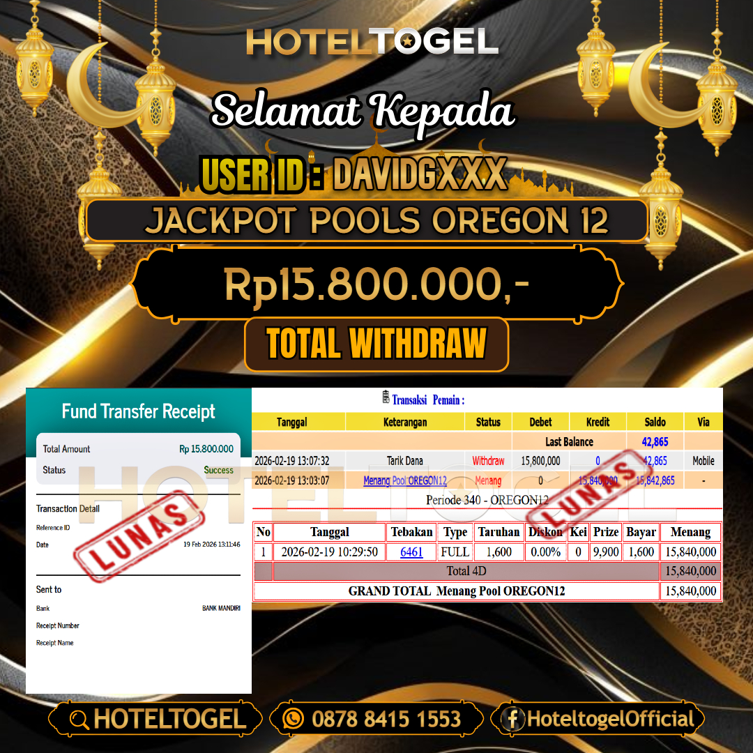 HOTELTOGEL JACKPOT TOGEL OREGON 12 Rp.15.800.000 - LUNAS USER ID : DAVIDG***
