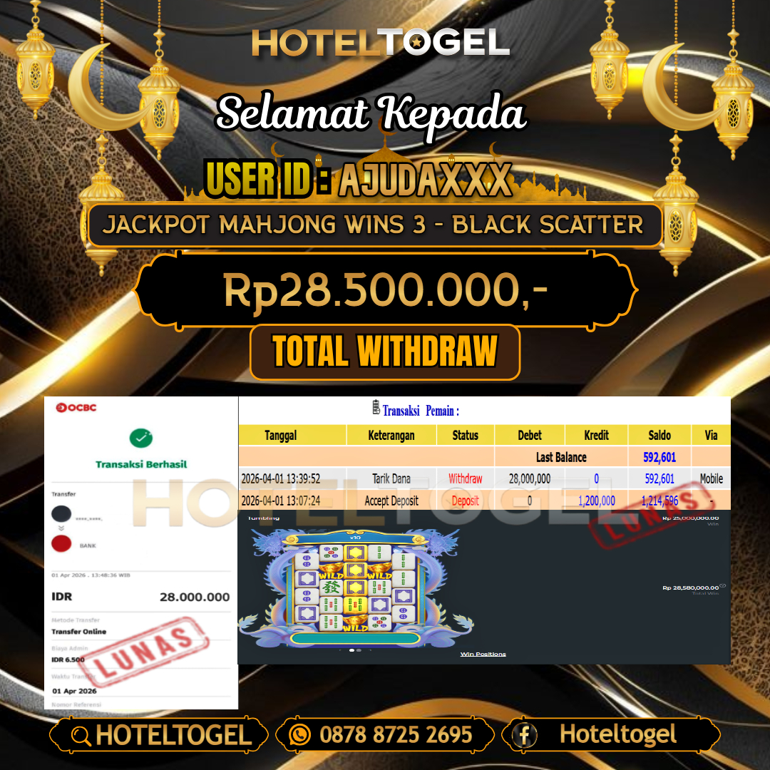 HOTELTOGEL JACKPOT SLOT MAHJONG WINS 3 - BLACK SCATTER Rp.28.500.000 - LUNAS USER ID : AJUDA***