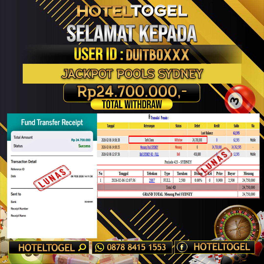 HOTELTOGEL JACKPOT TOGEL SYDNEY Rp.24.700.000 - LUNAS USER ID  : DUITBO***