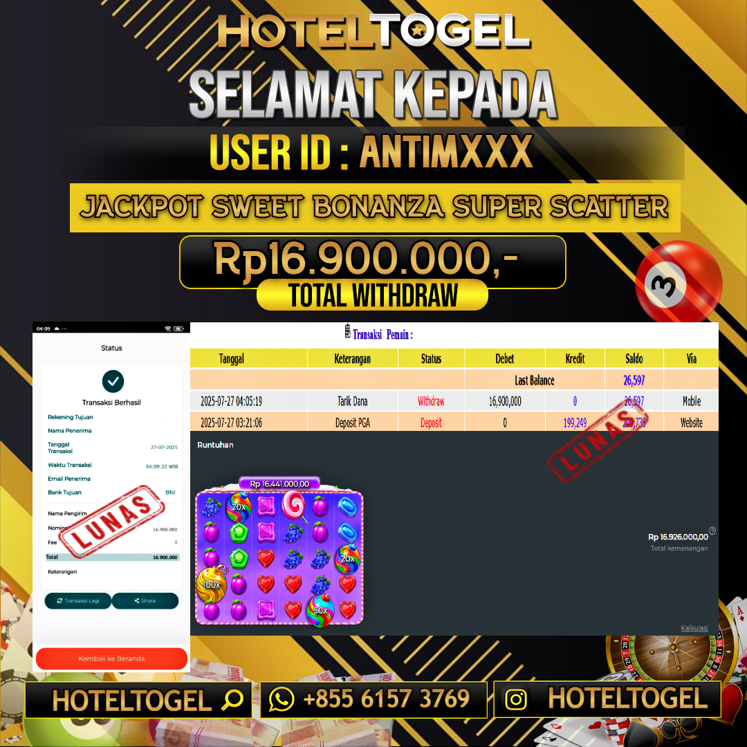 HOTELTOGEL JACKPOT SLOT SWEET BONANZA SUPER SCATTER Rp.16.900.000 - LUNAS USER ID : ANTIM****