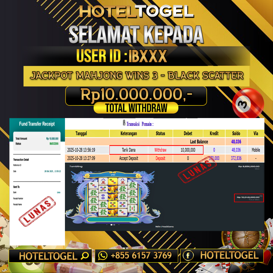 HOTELTOGEL JACKPOT SLOT MAHJONG WINS 3 - BLACK SCATTER Rp.10.000.000 - LUNAS USER ID : IB***