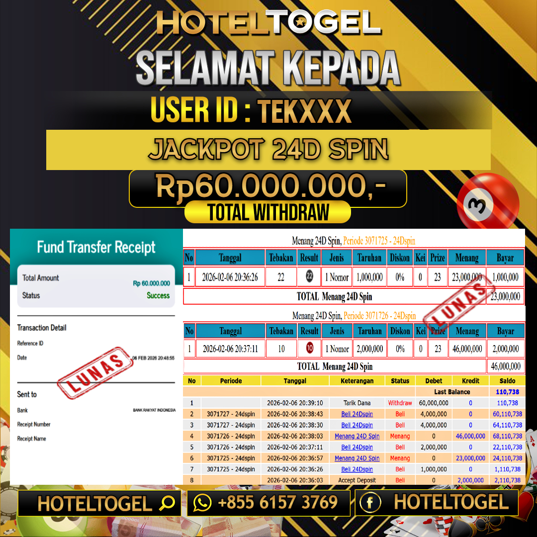 HOTELTOGEL JACKPOT CASINO 24D SPIN Rp.60.000.000 - LUNAS USER ID : TEK***