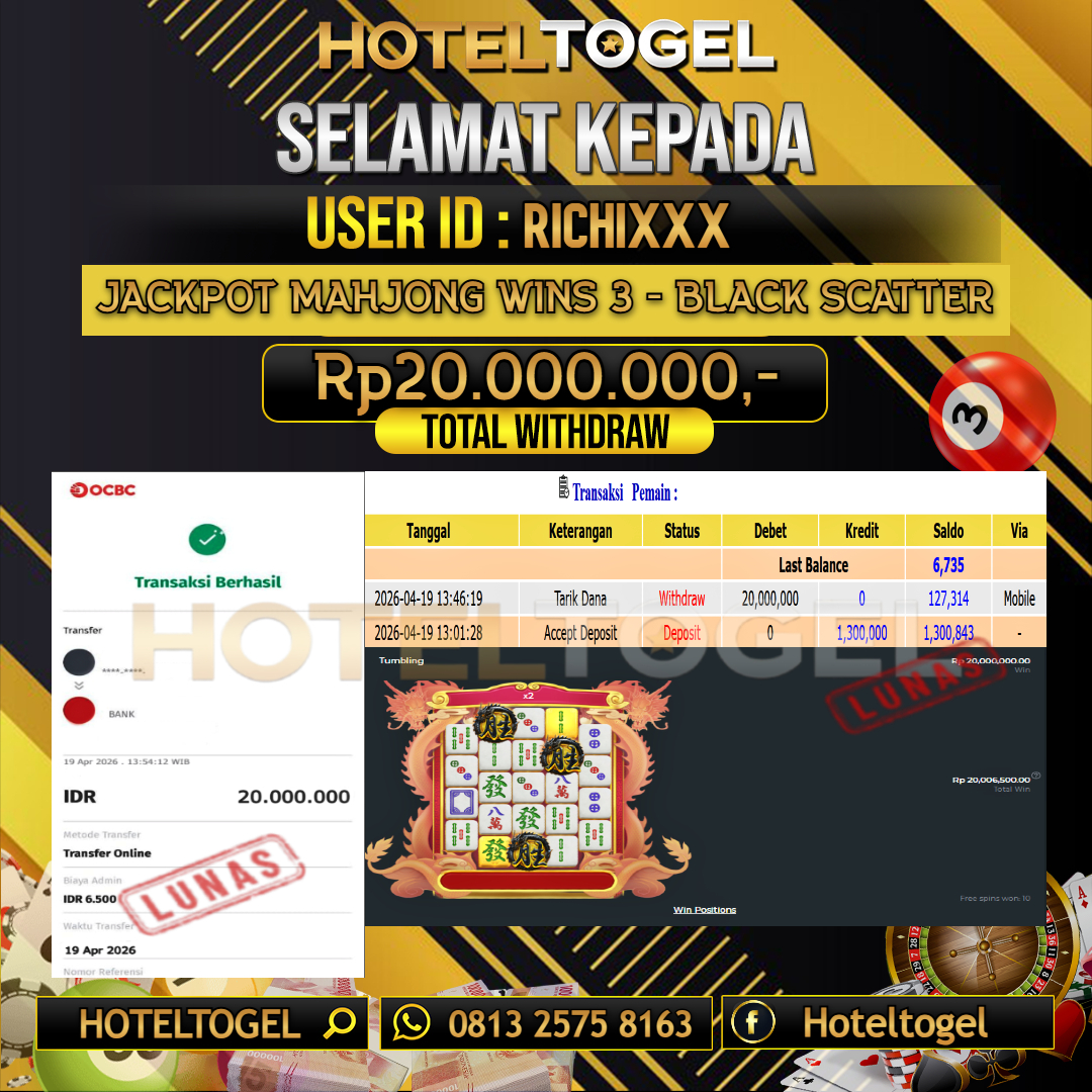 HOTELTOGEL JACKPOT SLOT MAHJONG WINS 3 - BLACK SCATTER Rp.20.000.000 - LUNAS USER ID : RICHI***