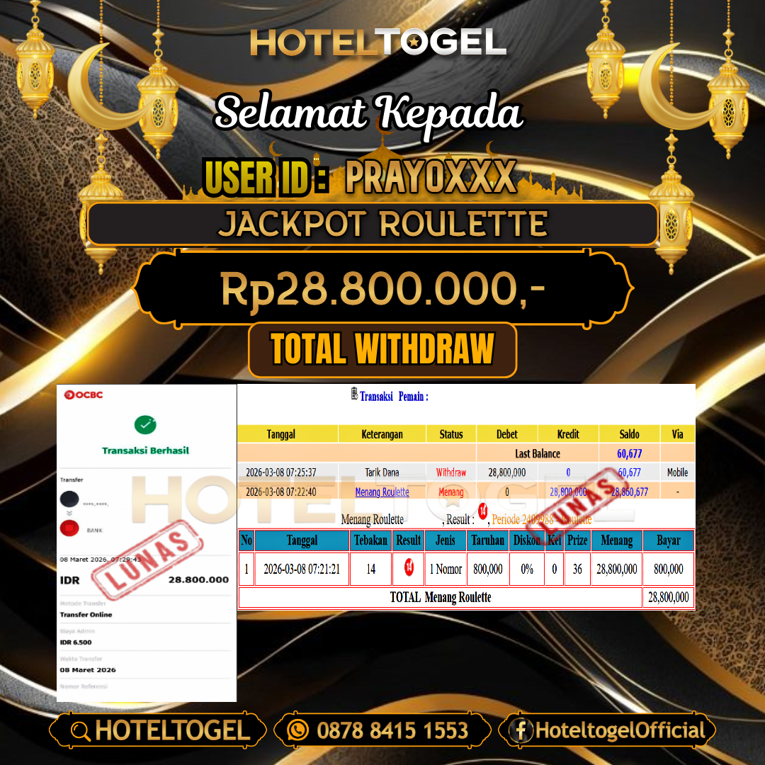 HOTELTOGEL JACKPOT CASINO ROULETTE Rp.28.800.000 - LUNAS USER ID : PRAYO***