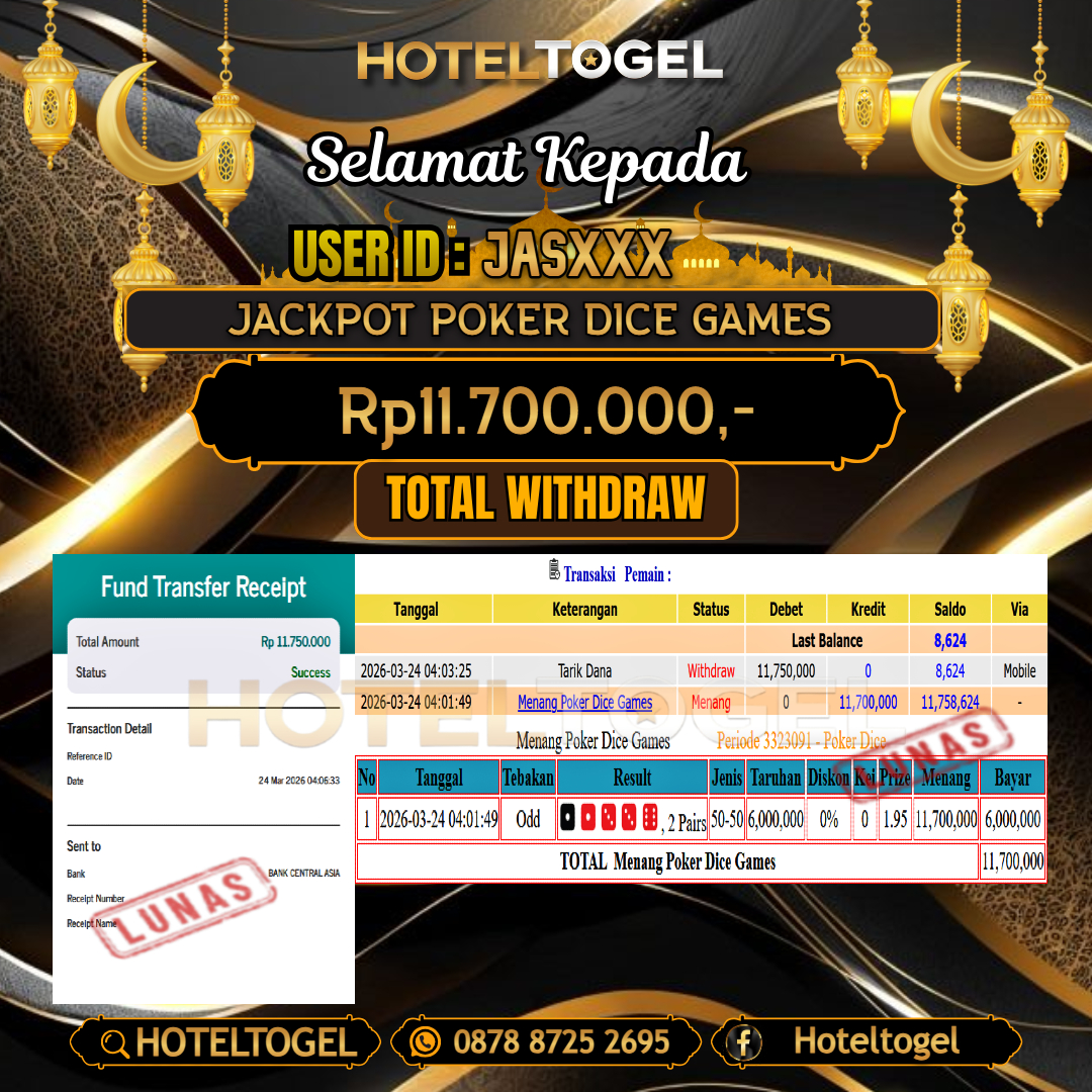 HOTELTOGEL JACKPOT CASINO POKER DICE GAMES Rp.11.700.000 - LUNAS USER ID : JAS***