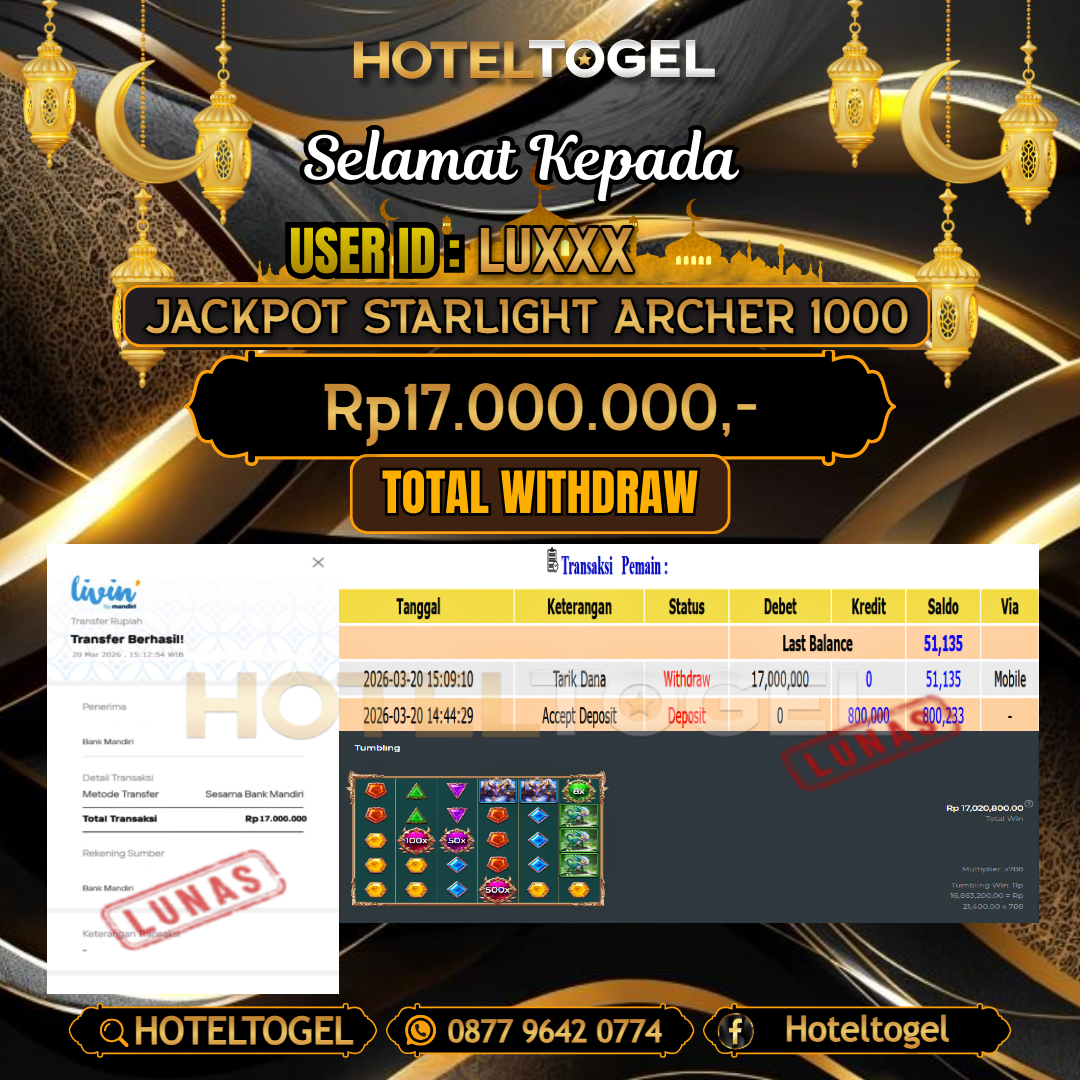 HOTELTOGEL JACKPOT SLOT STARLIGHT ARCHER 1000 Rp.17.000.000 - LUNAS USER ID : LU***
