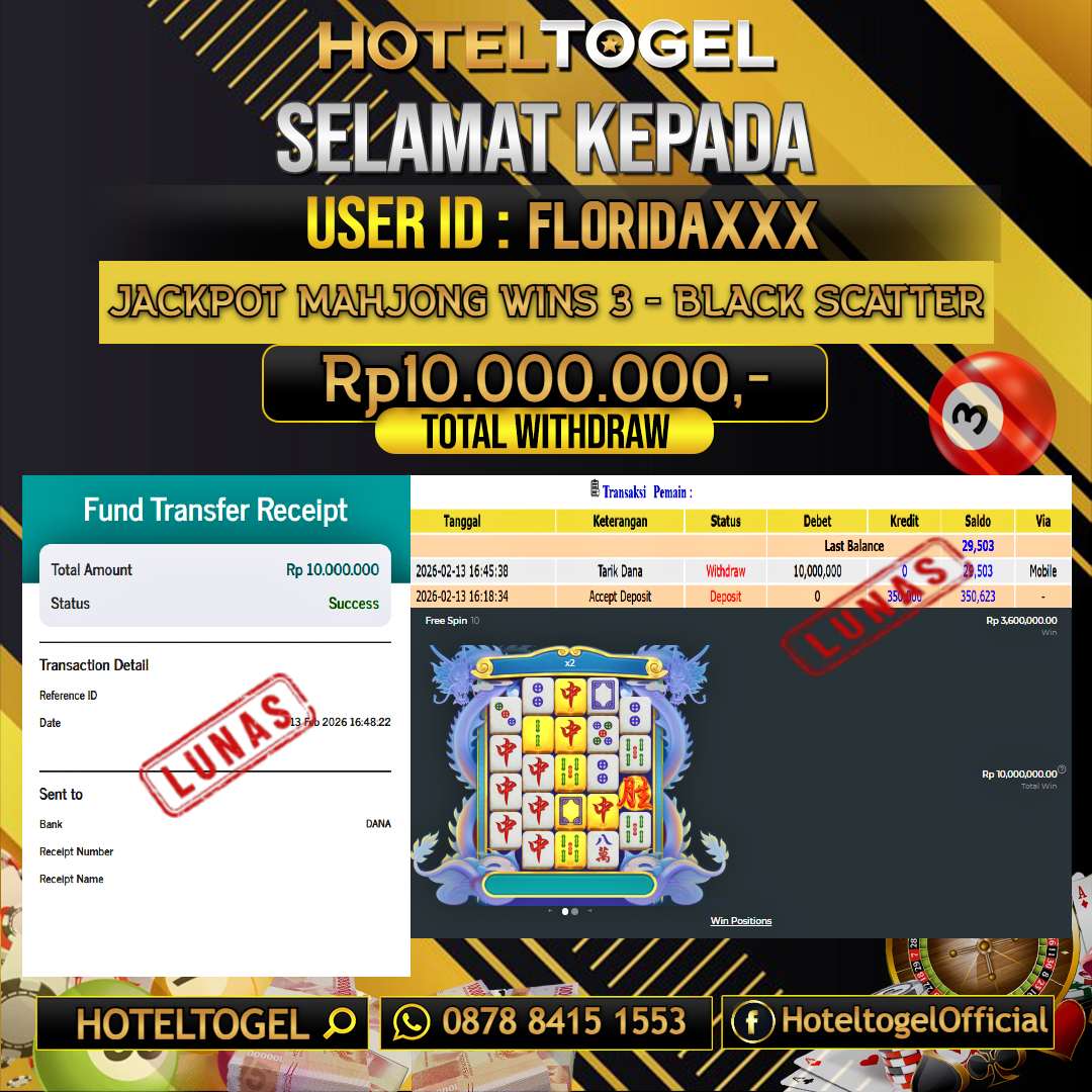 HOTELTOGEL JACKPOT SLOT MAHJONG WINS 3 - BLACK SCATTER Rp.10.000.000 - LUNAS USER ID : FLORIDA***