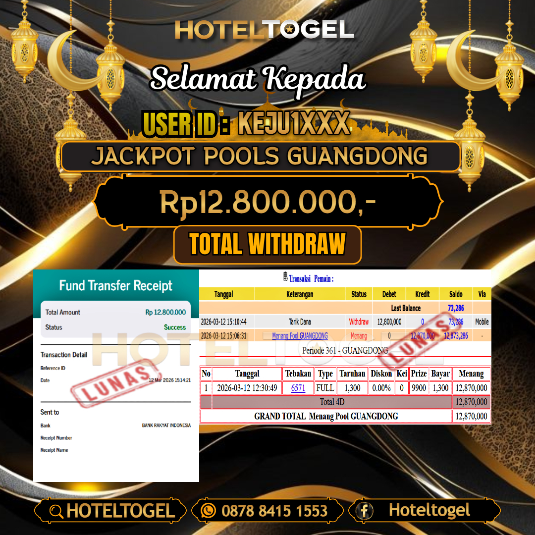 HOTELTOGEL JACKPOT TOGEL GUANGDONG Rp.12.800.000 - LUNAS USER ID : KEJU1***