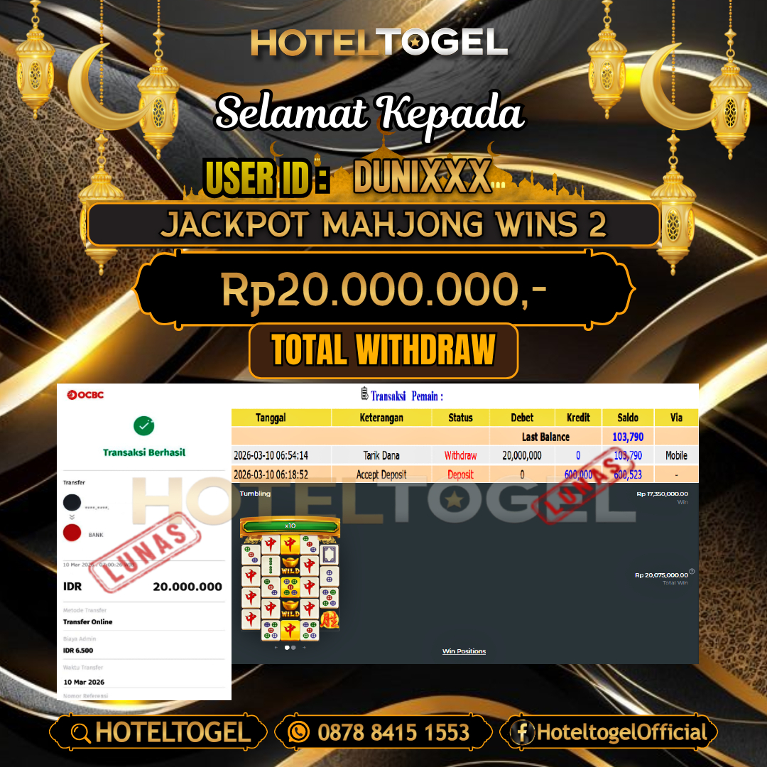 HOTELTOGEL JACKPOT SLOT MAHJONG WINS 2 Rp.20.000.000 - LUNAS USER ID :  DUNI***