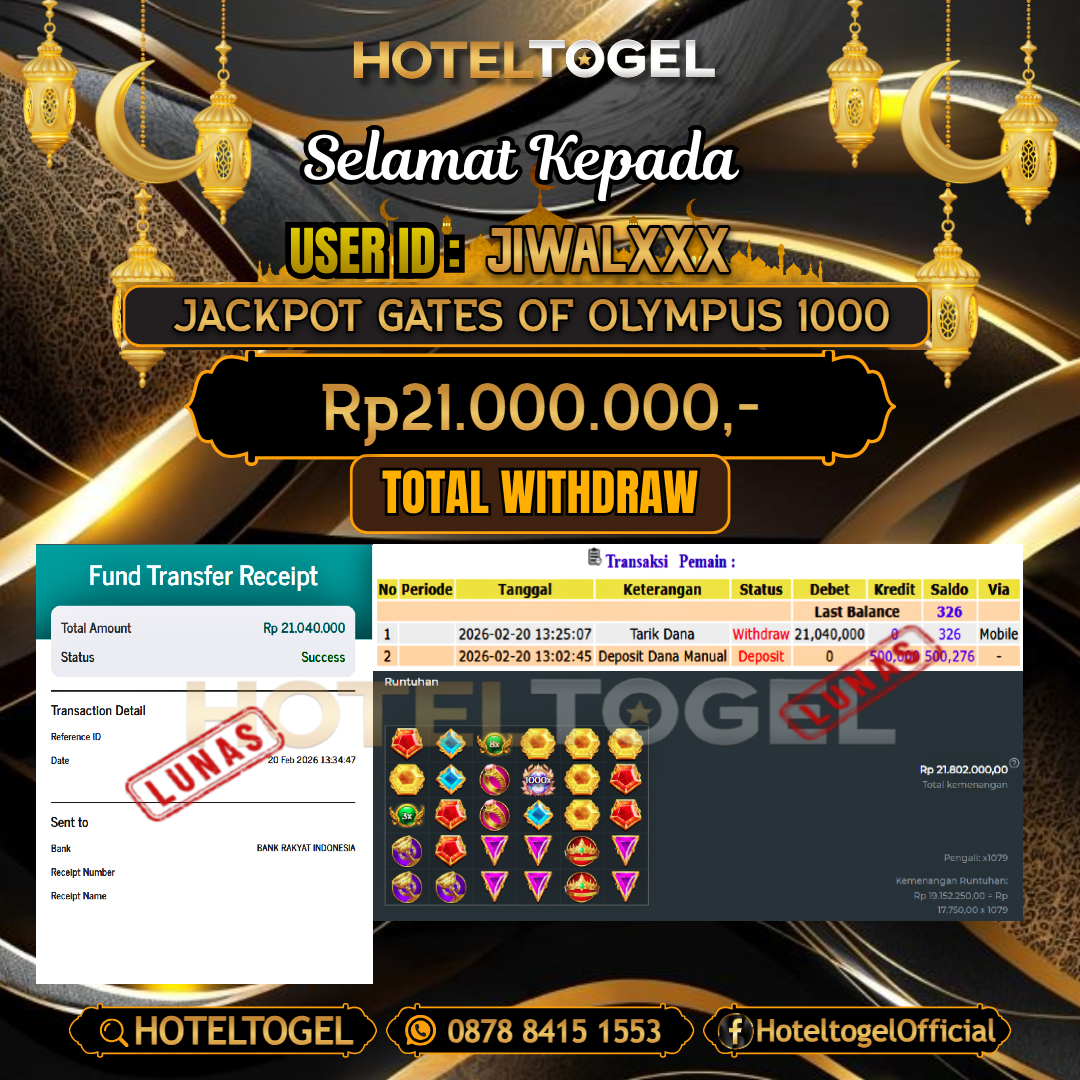 HOTELTOGEL JACKPOT SLOT GATES OF OLYMPUS 1000 Rp.21.000.000 - LUNAS USER ID : JIWAL***