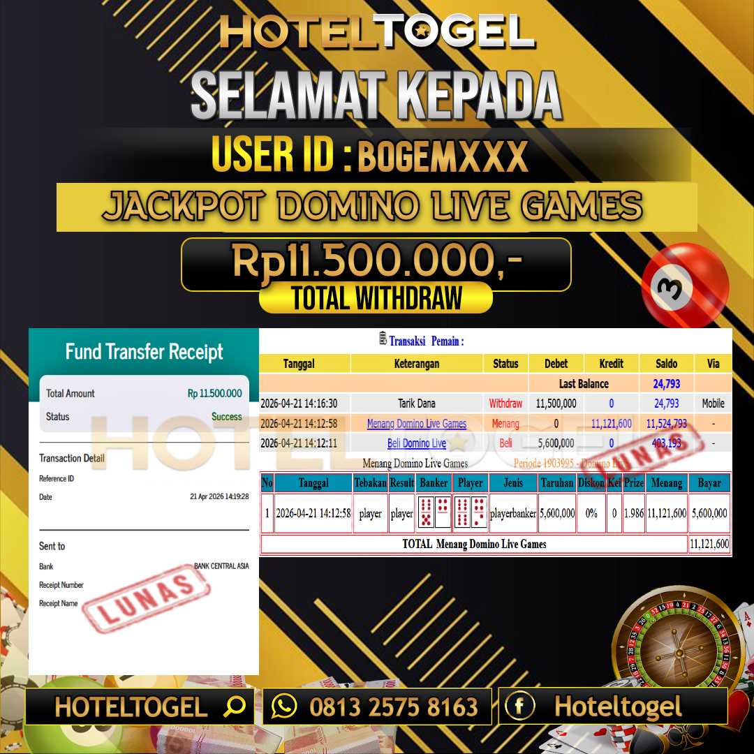 HOTELTOGEL JACKPOT CASINO DOMINO LIVE GAMES Rp.11.500.000 - LUNAS USER ID : BOGEM***