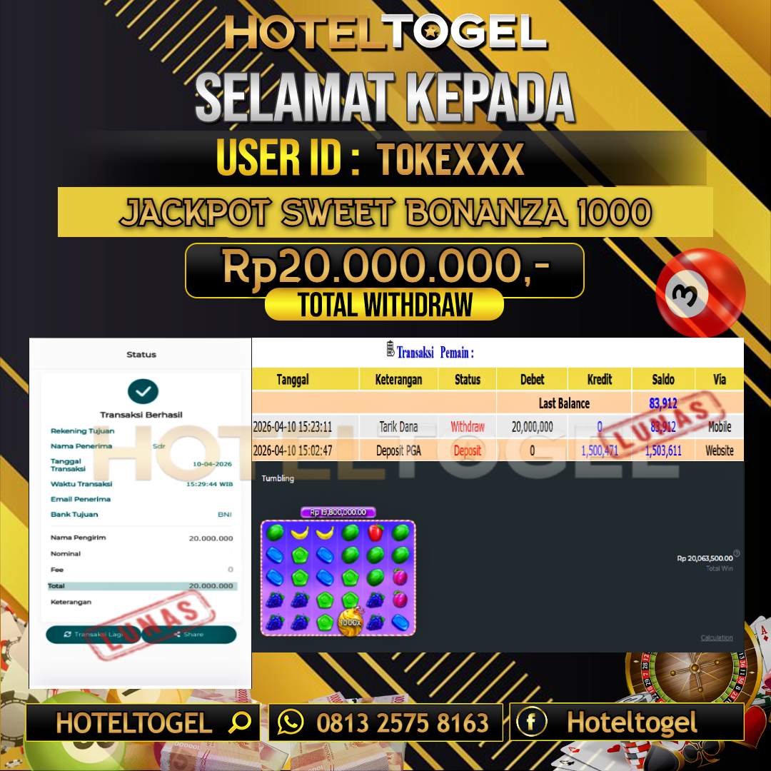 HOTELTOGEL JACKPOT SLOT SWEET BONANZA 1000 Rp.20.000.000 - LUNAS USER ID : TOKE***