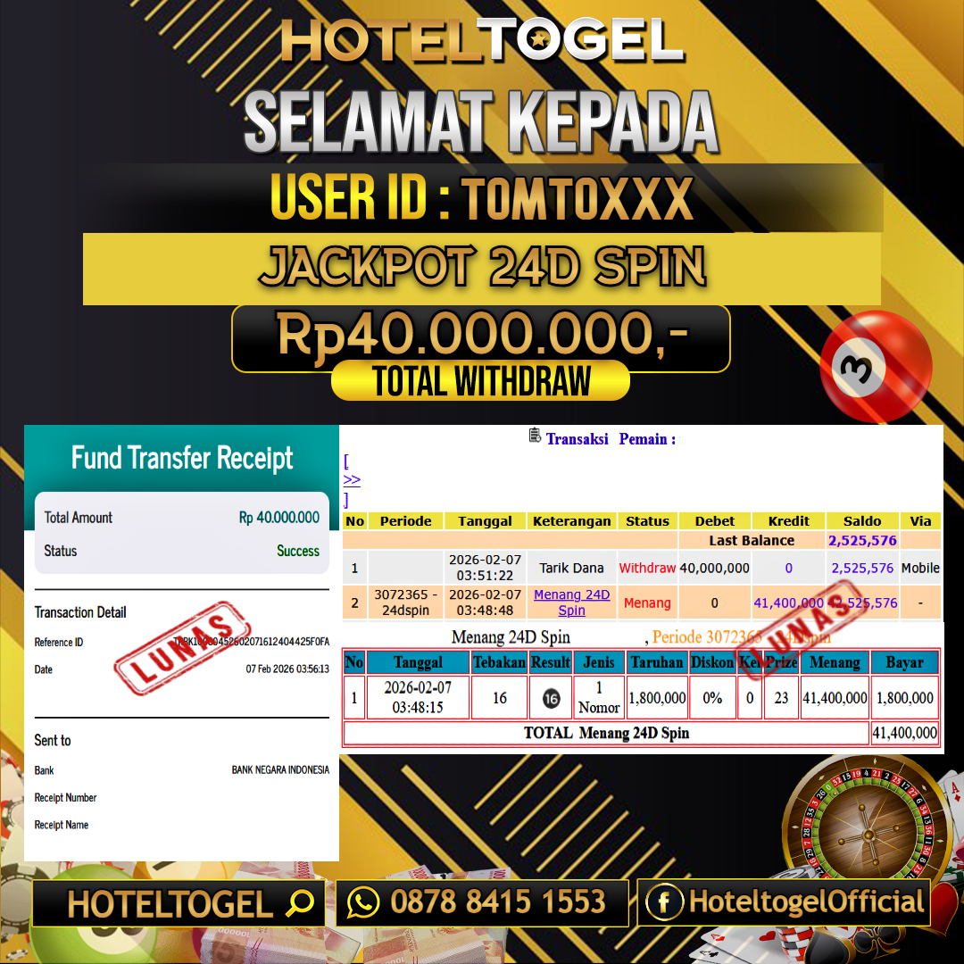 HOTELTOGEL JACKPOT CASINO 24D SPIN Rp.40.000.000 - LUNAS USER ID  : TOMTO***