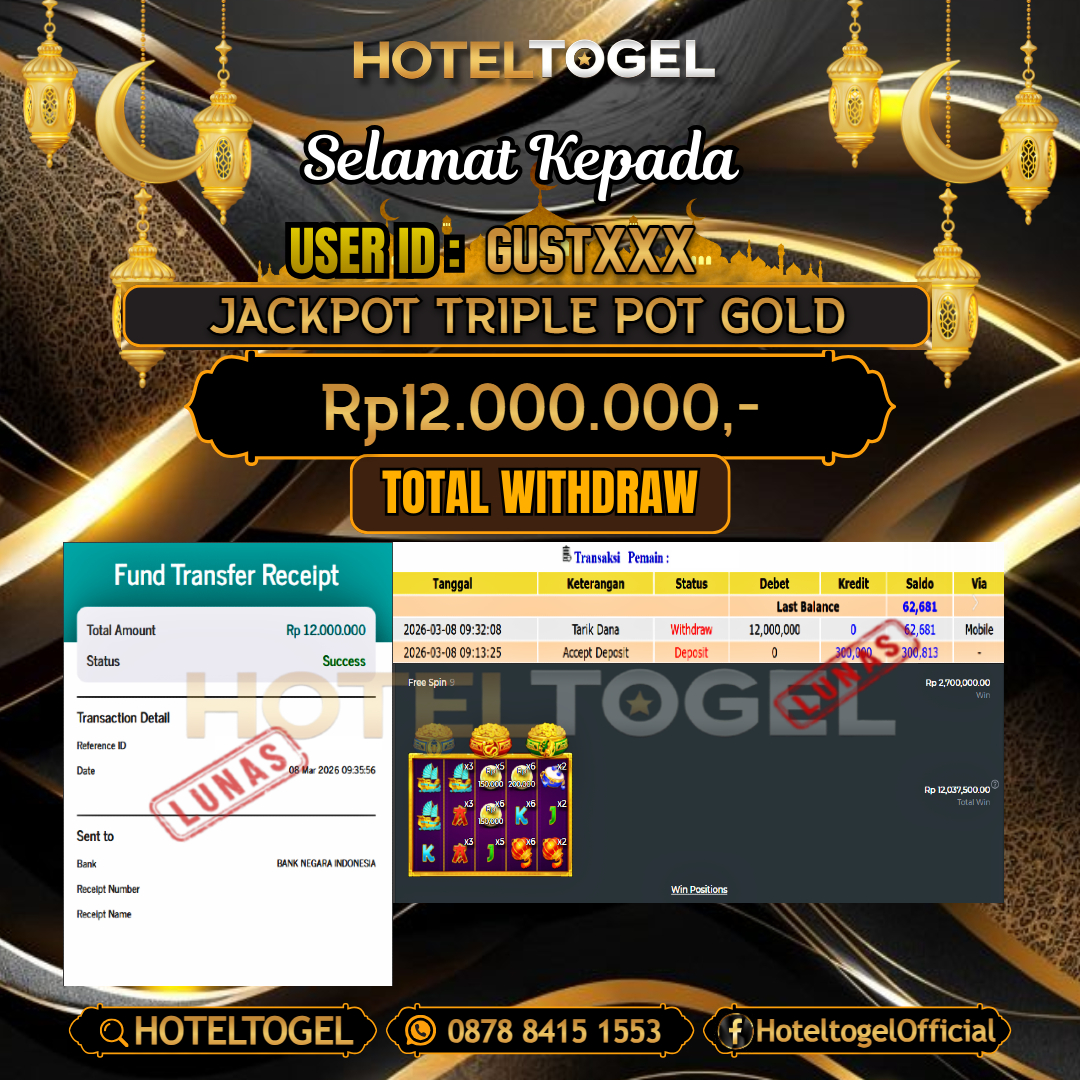 HOTELTOGEL JACKPOT SLOT TRIPLE POT GOLD Rp.12.000.000 - LUNAS USER ID : GUST***