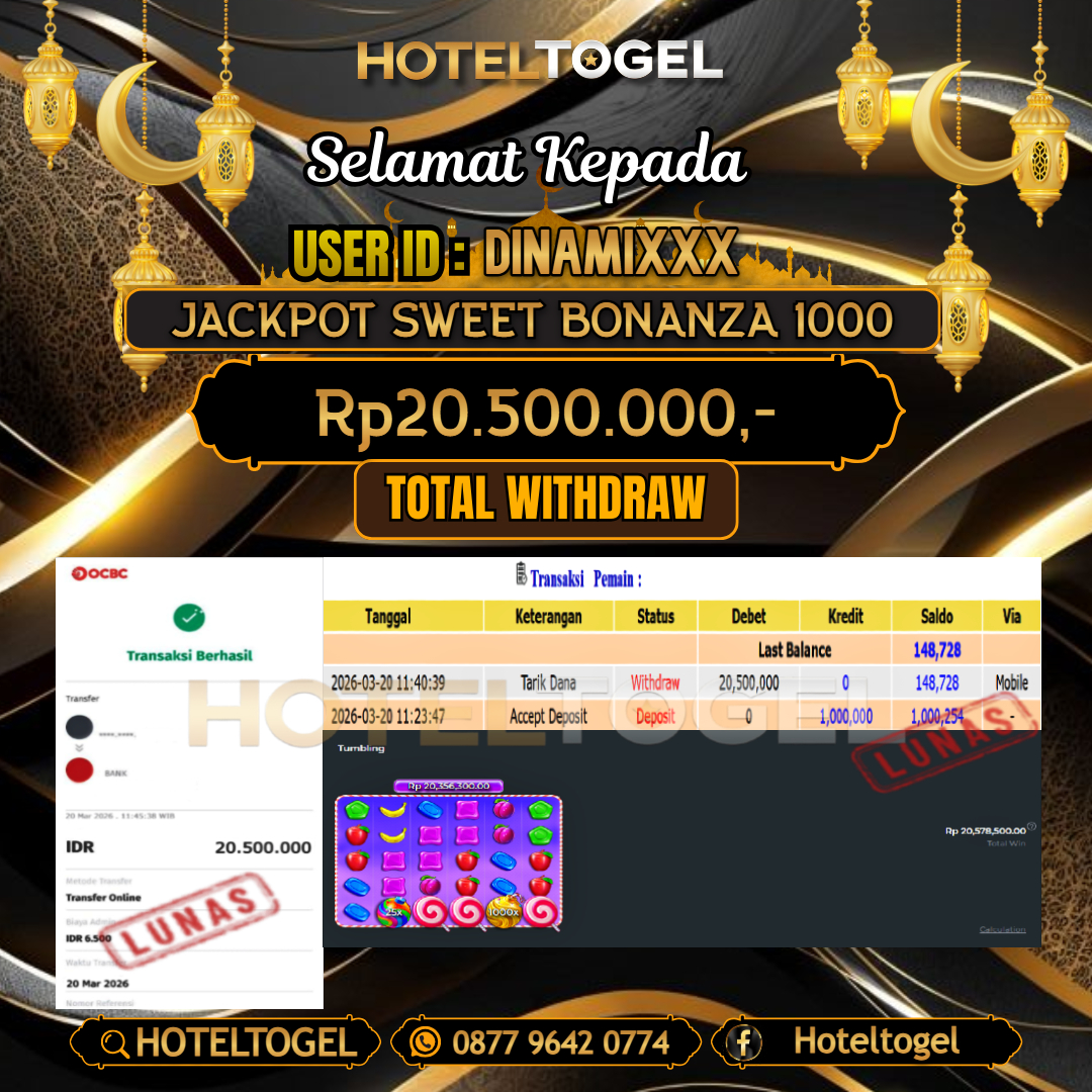 HOTELTOGEL JACKPOT SLOT SWEET BONANZA 1000 Rp.20.500.000 - LUNAS USER ID : DINAMI***