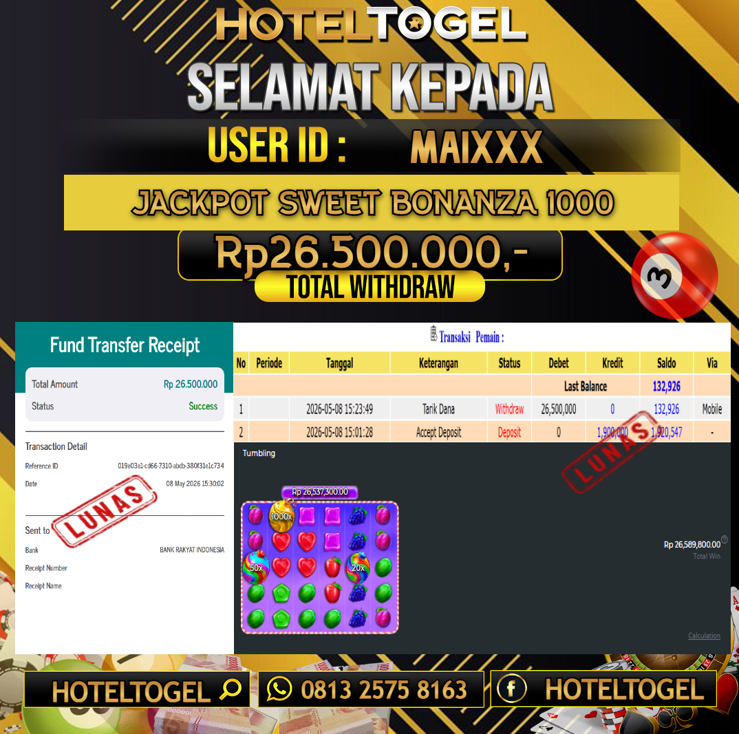 HOTELTOGEL JACKPOT SLOT SWEET BONANZA 1000 Rp.26.500.000 - LUNAS USER ID :  MAI****