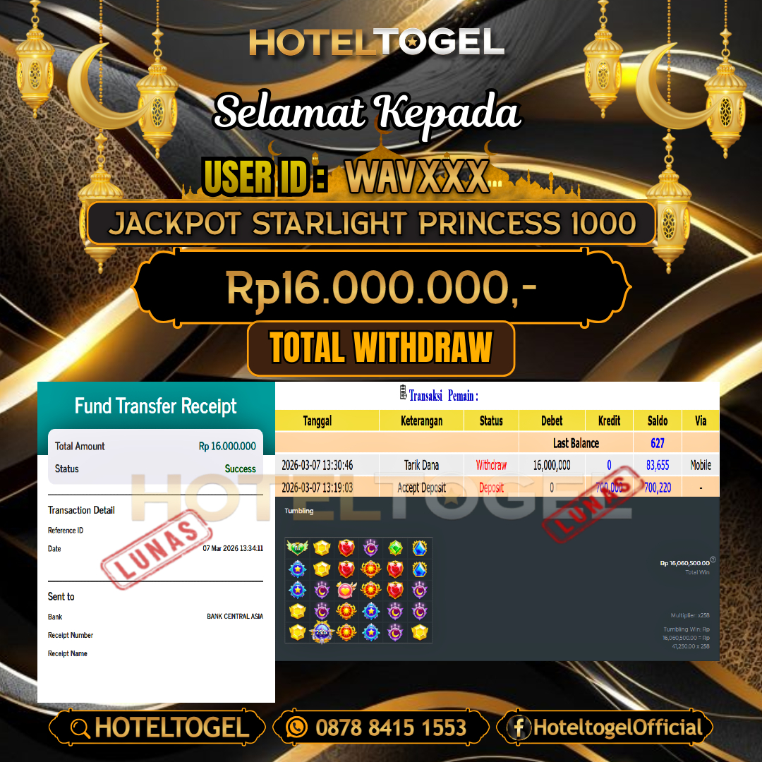 HOTELTOGEL JACKPOT SLOT STARLIGHT PRINCESS 1000 Rp.16.000.000 - LUNAS USER ID : WAV***