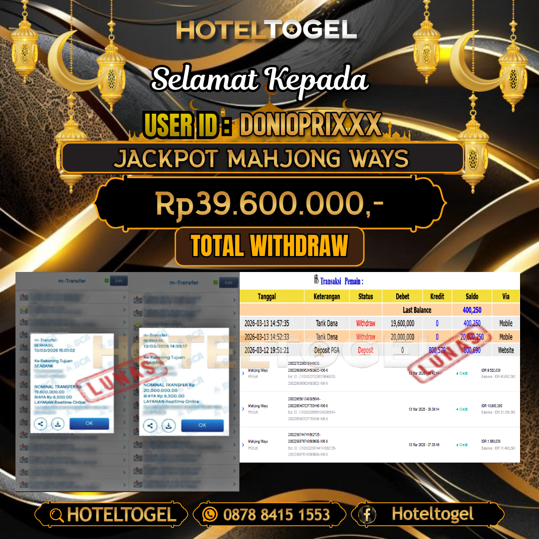 HOTELTOGEL JACKPOT SLOT MAHJONG WAYS Rp.39.600.000 - LUNAS USER ID : DONIOPRI***