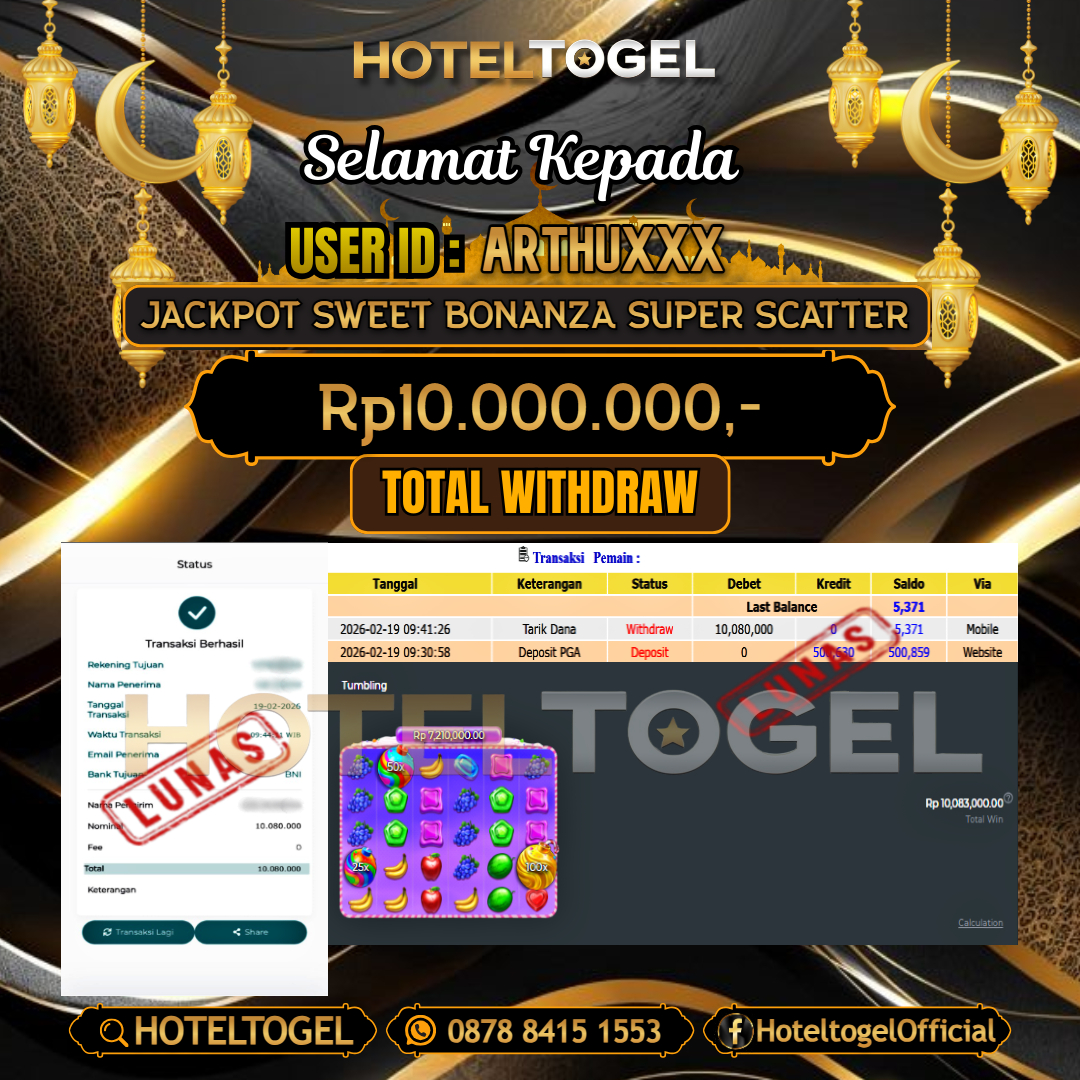 HOTELTOGEL JACKPOT SLOT SWEET BONANZA SUPER SCATTER Rp.10.000.000 - LUNAS USER ID : ARTHU***