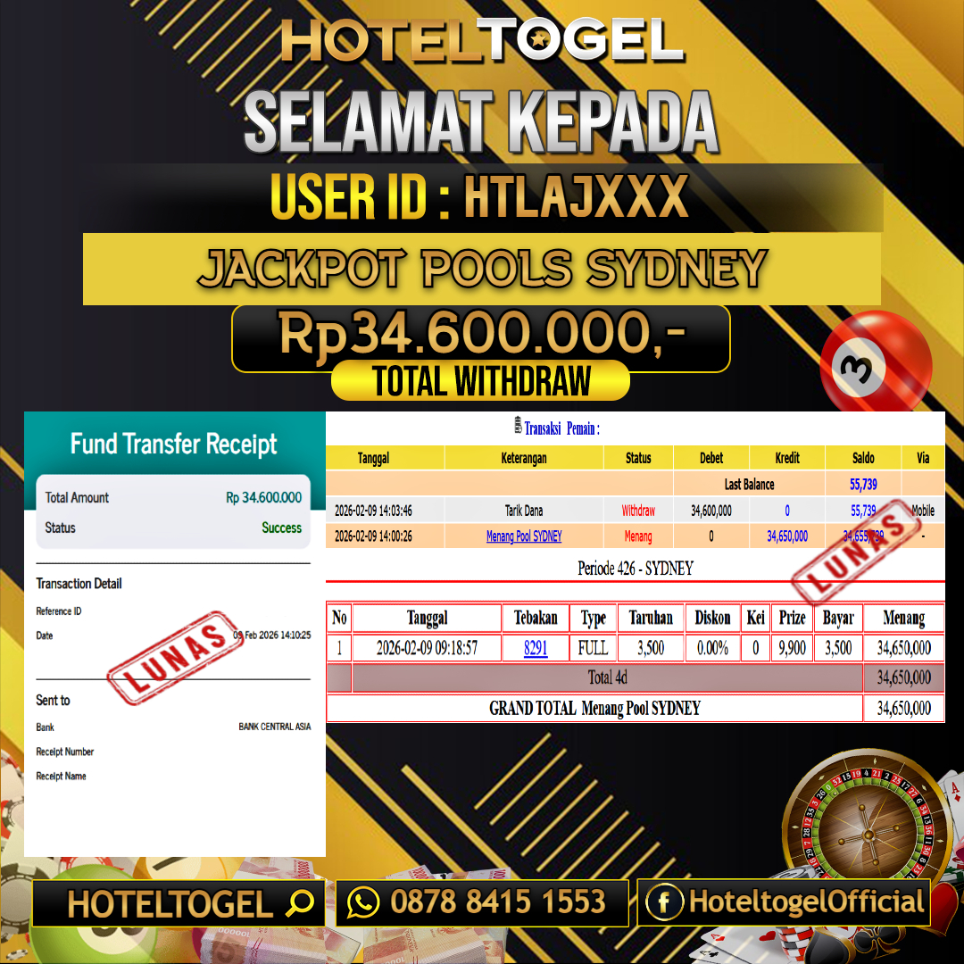 HOTELTOGEL JACKPOT TOGEL SYDNEY Rp.34.600.000 - LUNAS USER ID : HTLAJ***