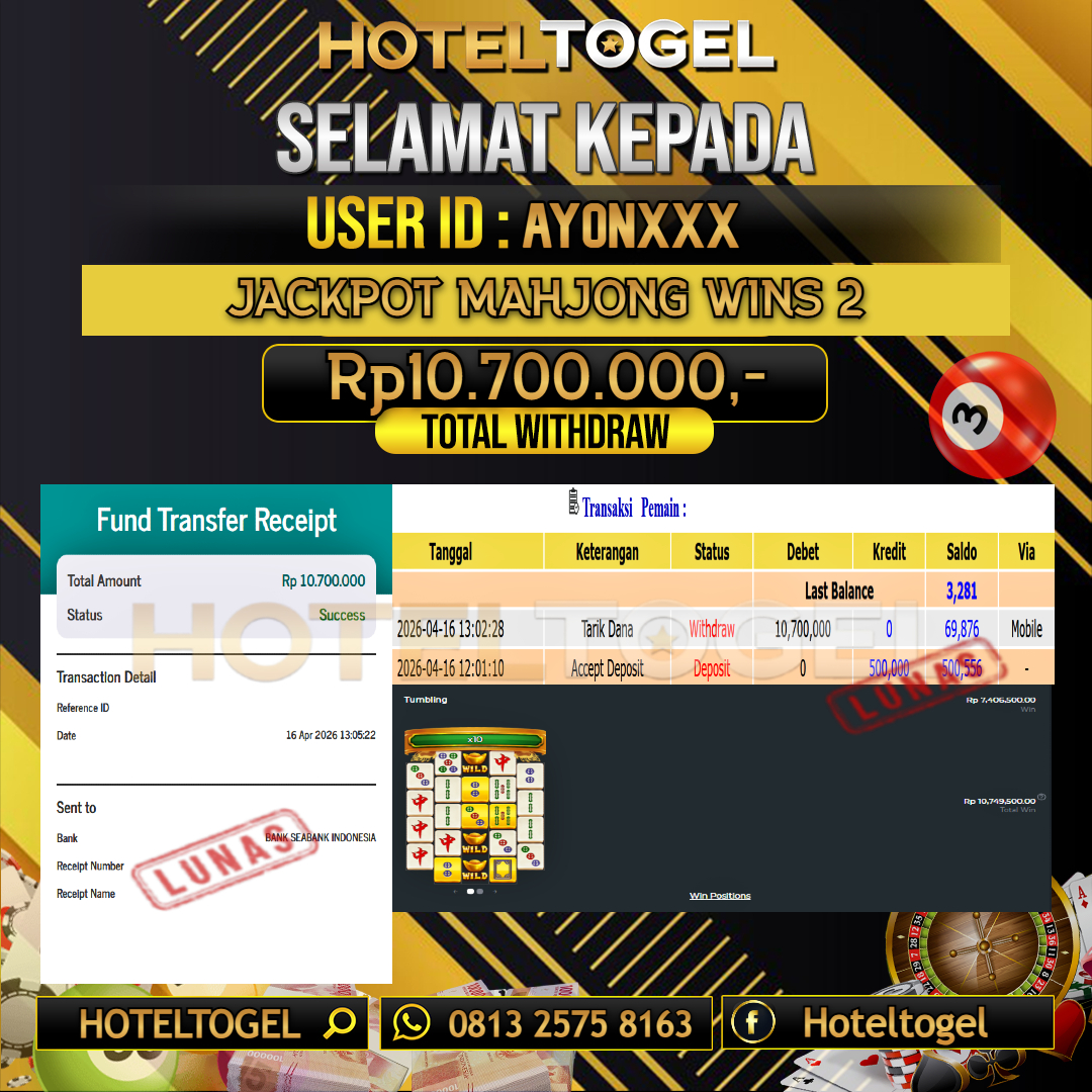 HOTELTOGEL JACKPOT SLOT MAHJONG WINS 2 Rp.10.700.000 - LUNAS USER ID : AYON***