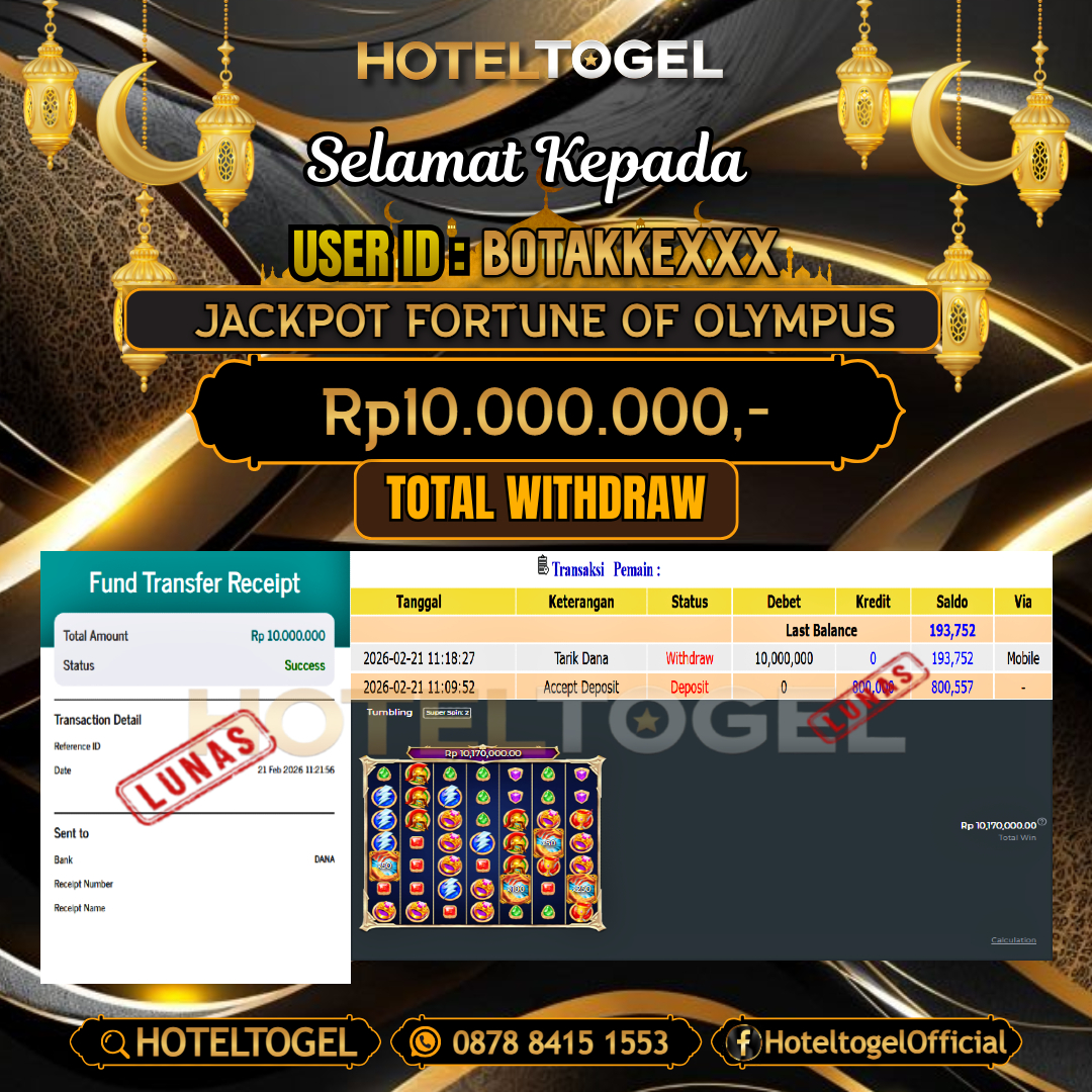 HOTELTOGEL JACKPOT SLOT FORTUNE OF OLYMPUS Rp.10.000.000 - LUNAS USER ID : BOTAKKE***