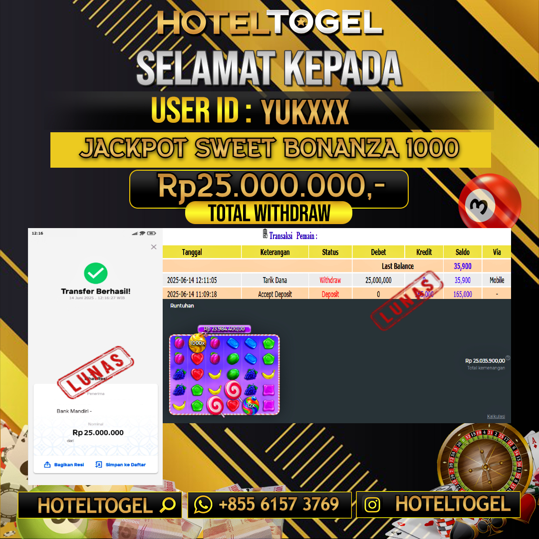 HOTELTOGEL JACKPOT SLOT SWEET BONANZA 1000 Rp.25.000.000 - LUNAS USER ID : YUK****