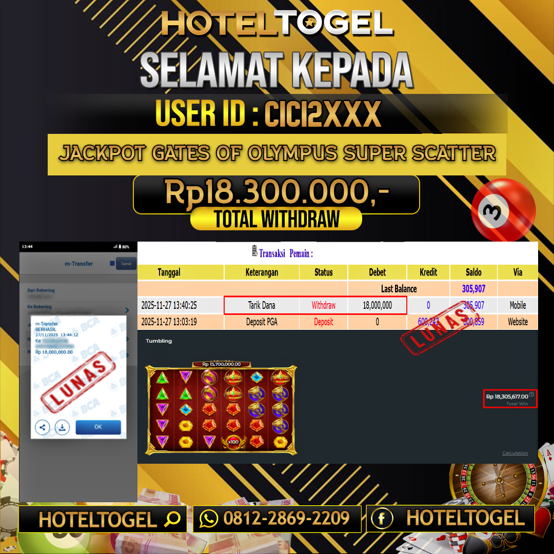 HOTELTOGEL JACKPOT SLOT GATES OF OLYMPUS SUPER SCATTER Rp.18.300.000 - LUNAS USER ID : CICI2***