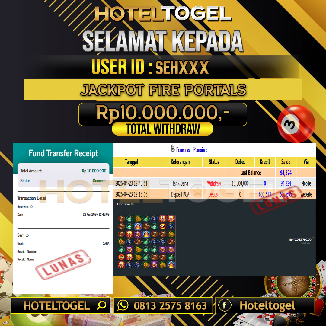 HOTELTOGEL JACKPOT SLOT FIRE PORTALS Rp.10.000.000 - LUNAS USER ID : SEH***