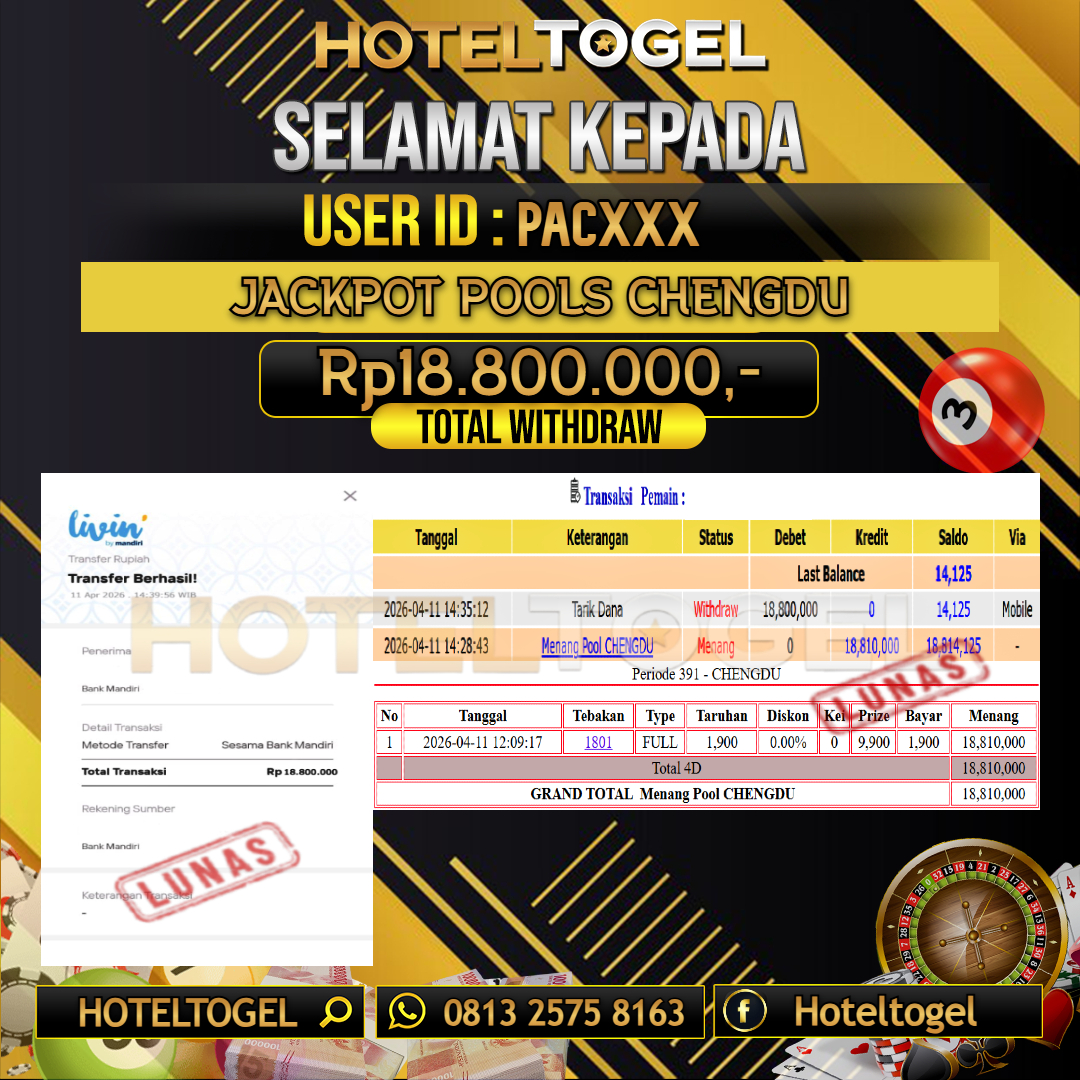 HOTELTOGEL JACKPOT TOGEL CHENGDU Rp.18.800.000 - LUNAS USER ID : PAC***