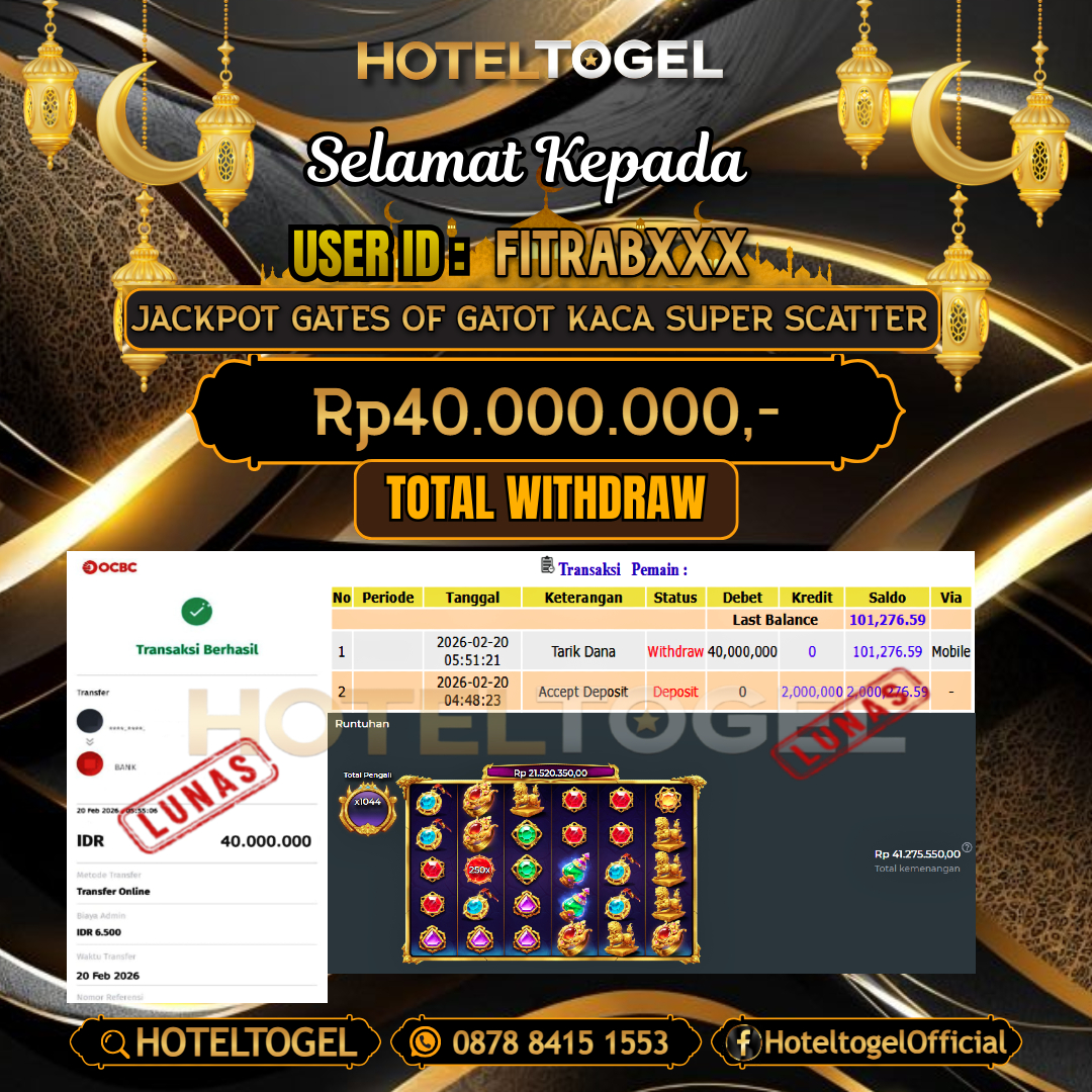 HOTELTOGEL JACKPOT SLOT GATES OF GATOT KACA SUPER SCATTER Rp.40.000.000 - LUNAS USER ID : FITRAB***