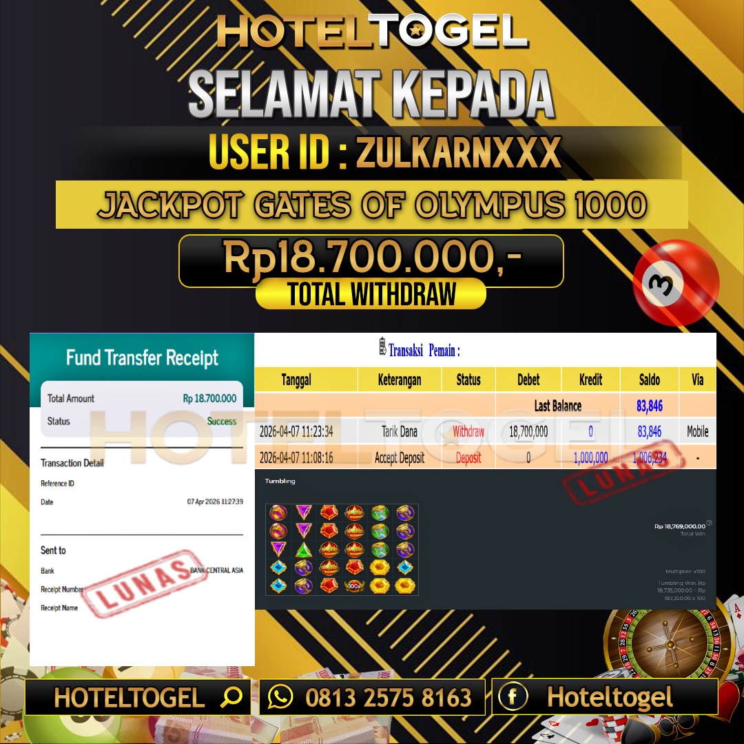 HOTELTOGEL JACKPOT SLOT GATES OF OLYMPUS 1000 Rp.18.700.000 - LUNAS USER ID : ZULKARN***