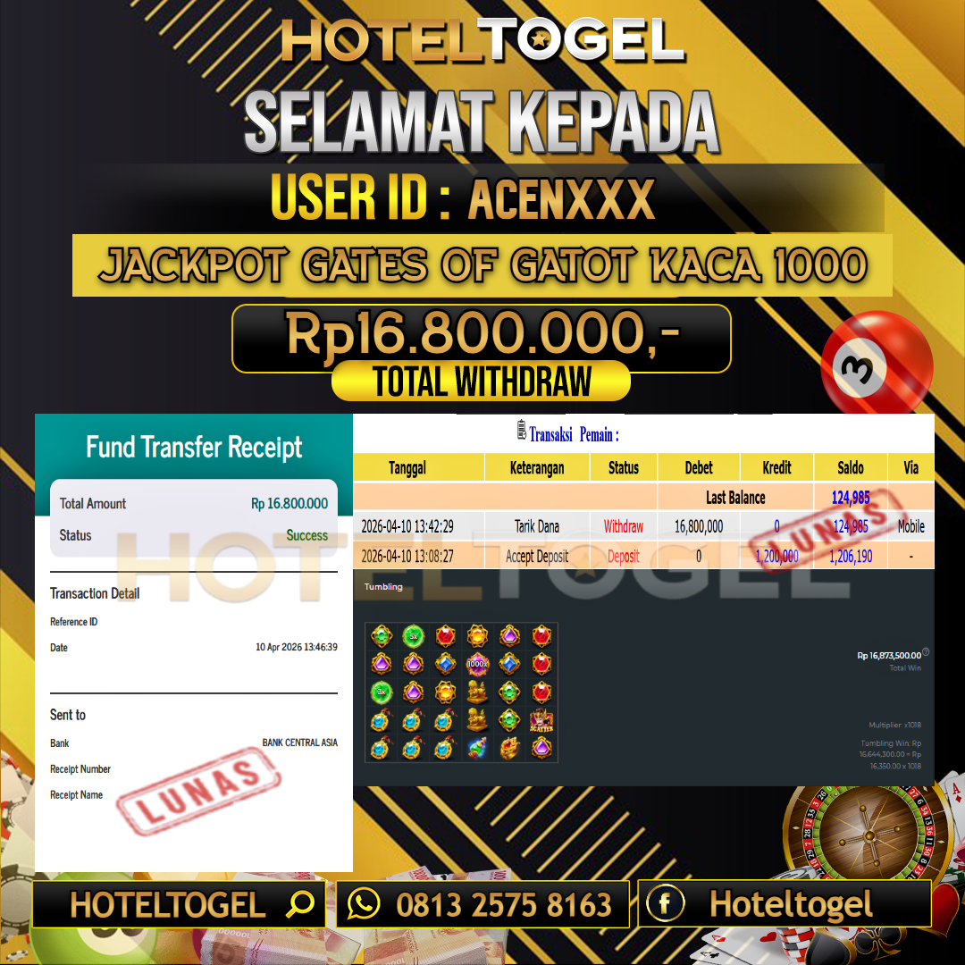 HOTELTOGEL JACKPOT SLOT GATES OF GATOT KACA 1000 Rp.16.800.000 - LUNAS USER ID : ACEN***