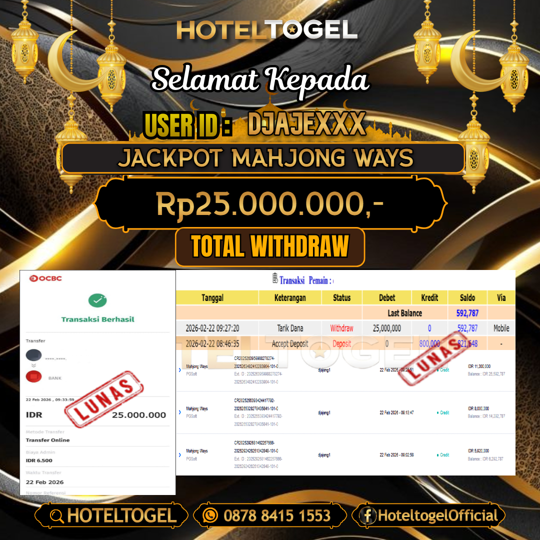 HOTELTOGEL JACKPOT SLOT MAHJONG WAYS Rp.25.000.000 - LUNAS USER ID : DJAJE***