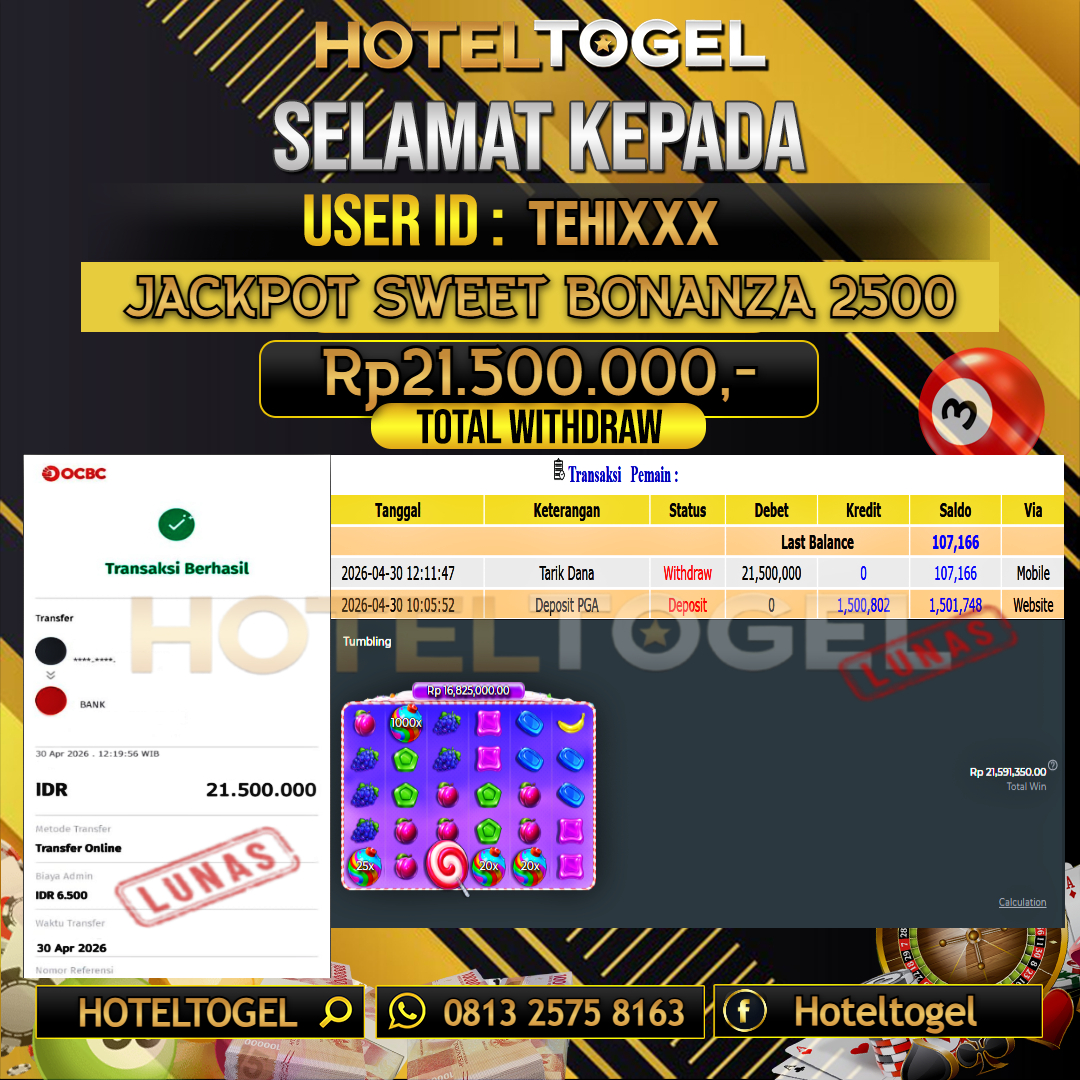 HOTELTOGEL JACKPOT SLOT SWEET BONANZA 2500 Rp.21.500.000 - LUNAS USER ID : TEHI***