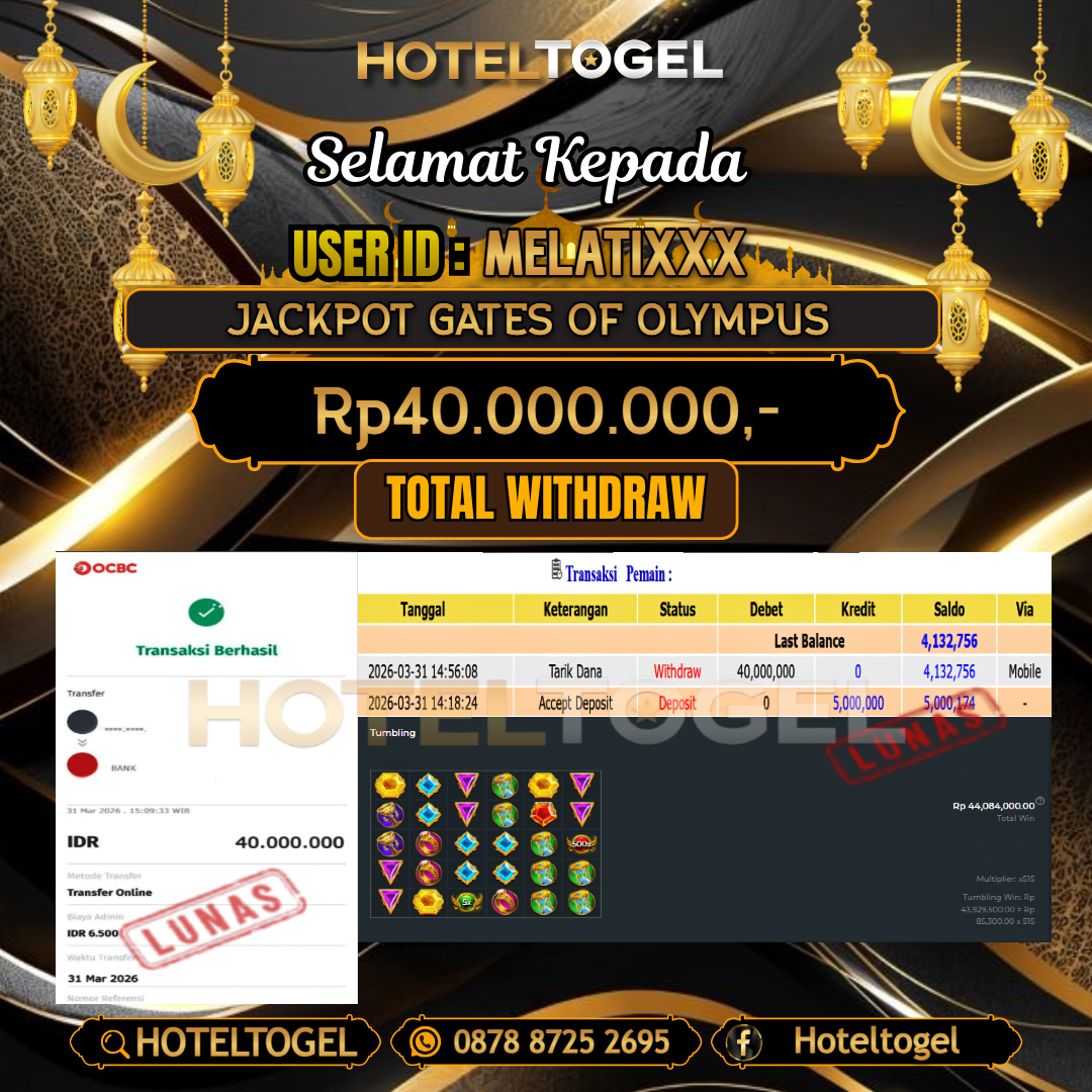HOTELTOGEL JACKPOT SLOT GATES OF OLYMPUS Rp.40.000.000 - LUNAS USER ID : MELATI***