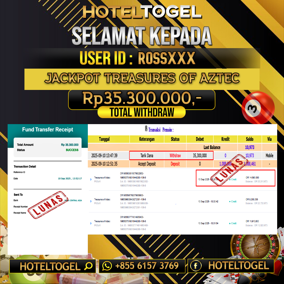 HOTELTOGEL JACKPOT SLOT TREASURES OF AZTEC Rp.35.300.000 - LUNAS USER ID : ROSS****