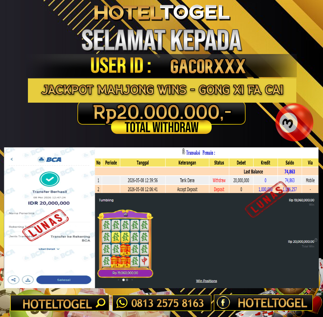 HOTELTOGEL JACKPOT SLOT MAHJONG WINS GONG XI FA CAI Rp.20.000.000 - LUNAS USER ID  : GACOR****