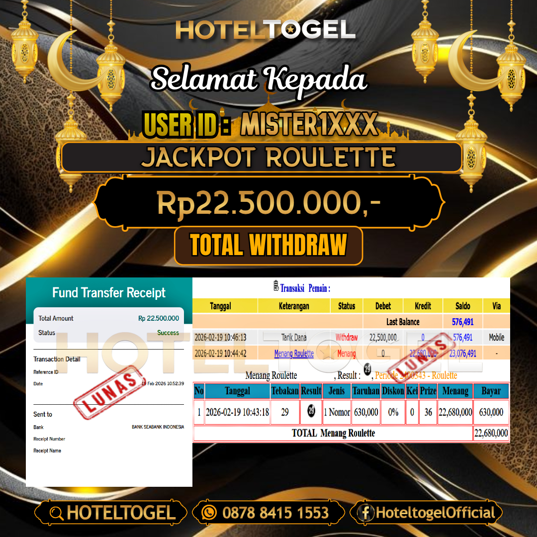 HOTELTOGEL JACKPOT CASINO ROULETTE Rp.22.500.000 - LUNAS USER ID : MISTER1***