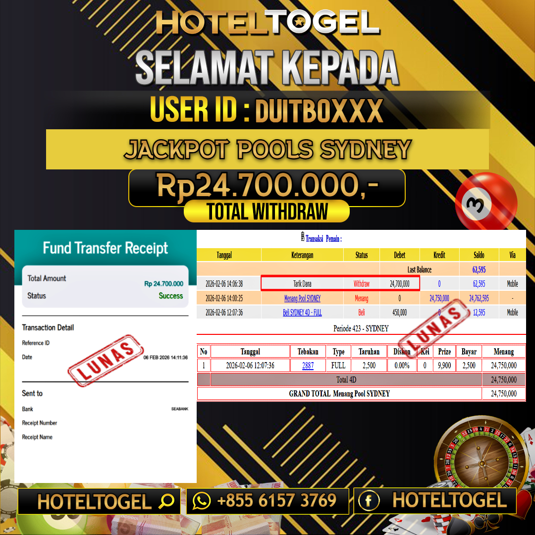 HOTELTOGEL JACKPOT TOGEL SYDNEY Rp.24.700.000 - LUNAS USER ID : DUITBO***