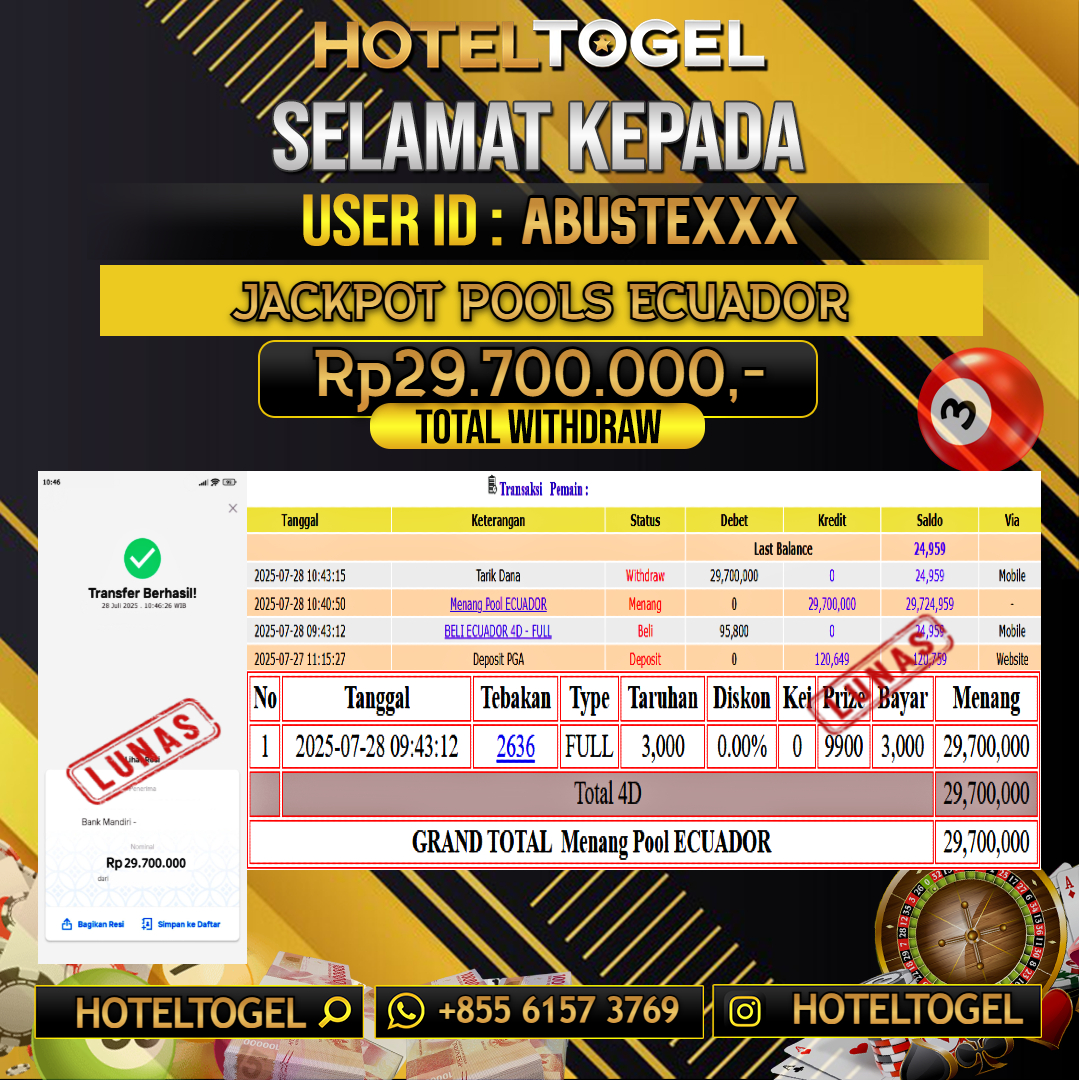HOTELTOGEL JACKPOT TOGEL ECUADOR Rp.29.700.000 - LUNAS USER ID : ABUSTE****