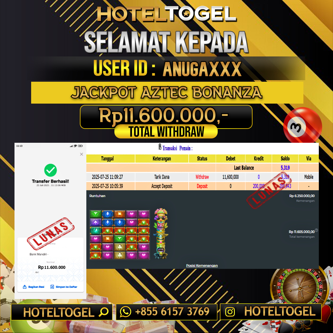 HOTELTOGEL JACKPOT SLOT AZTEC BONANZA Rp.11.600.000 - LUNAS USER ID : ANUGA****